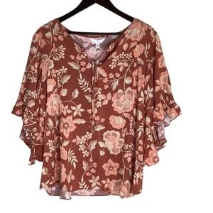 Lauren Conrad‎ Floral Bell Sleeve Tie Neck Blouse Women's XXL Red